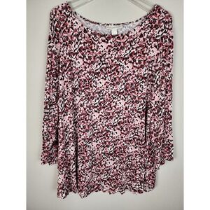 Emaline Woman‎ 2X Pink Black Red Floral Print Long Sleeve Tunic Top